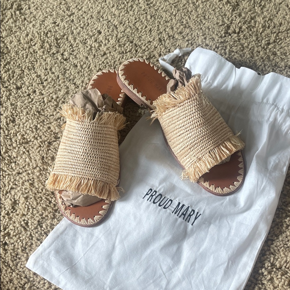 Proud Mary Woven Fringe Sandals.  NEW